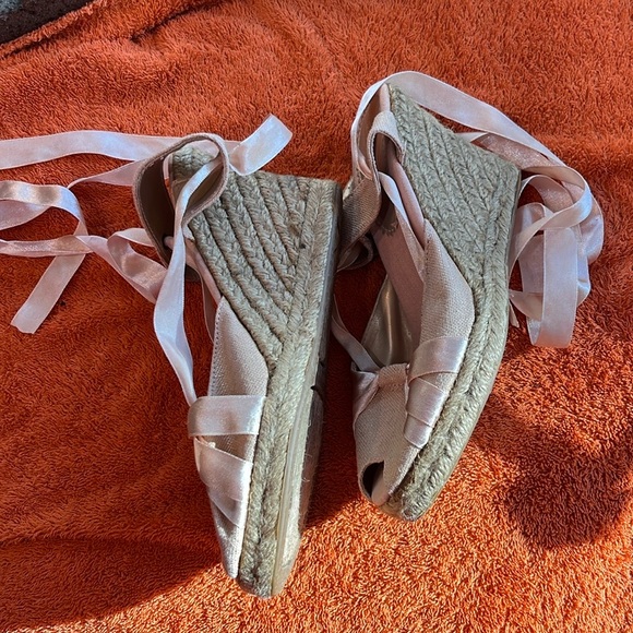 platform tie-up wedge espadrille sandal golden canvas w/pink ribbon shoe 5 1/2 - Picture 8 of 11